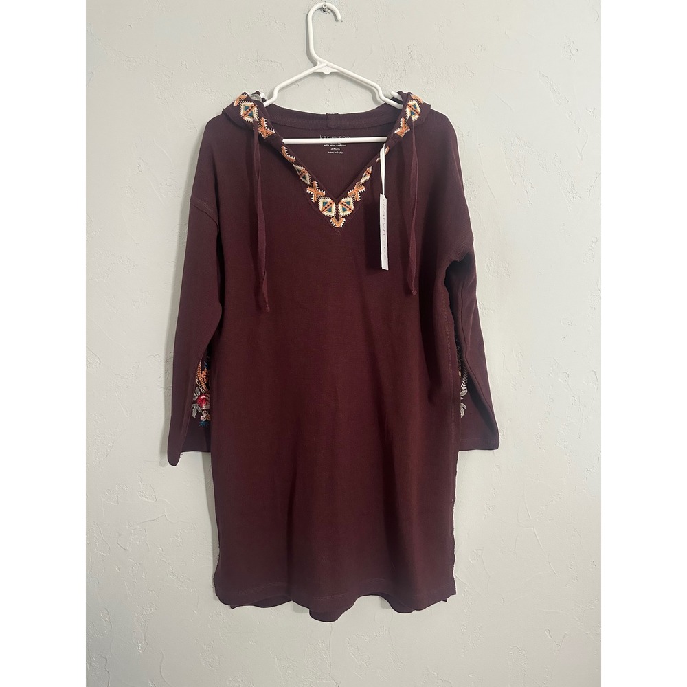 Karyn‎ Seo Embroidered Hooded Dress Burgundy Waffle Knit Size Small